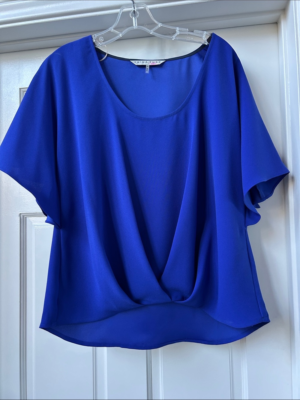 Trina Turk Cobalt Blue Draped Front Short Sleeve Blouse, size M